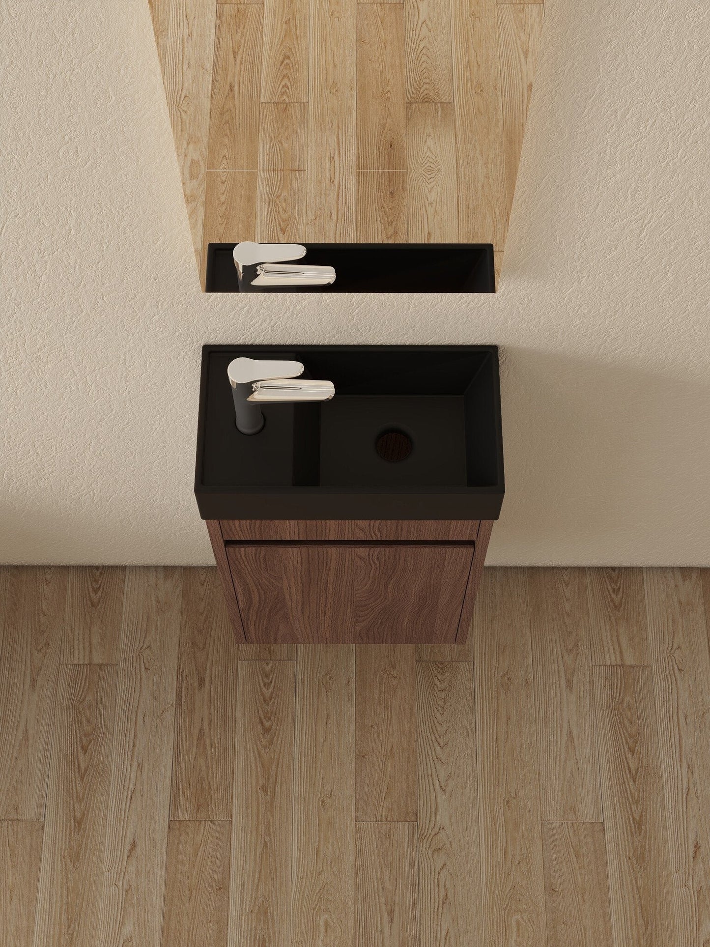 Nurion Waschtischunterschrank Emma - Waschbecken Mattschwarz und Möbel Nussbaum - 41 x 22,5 x 65 cm