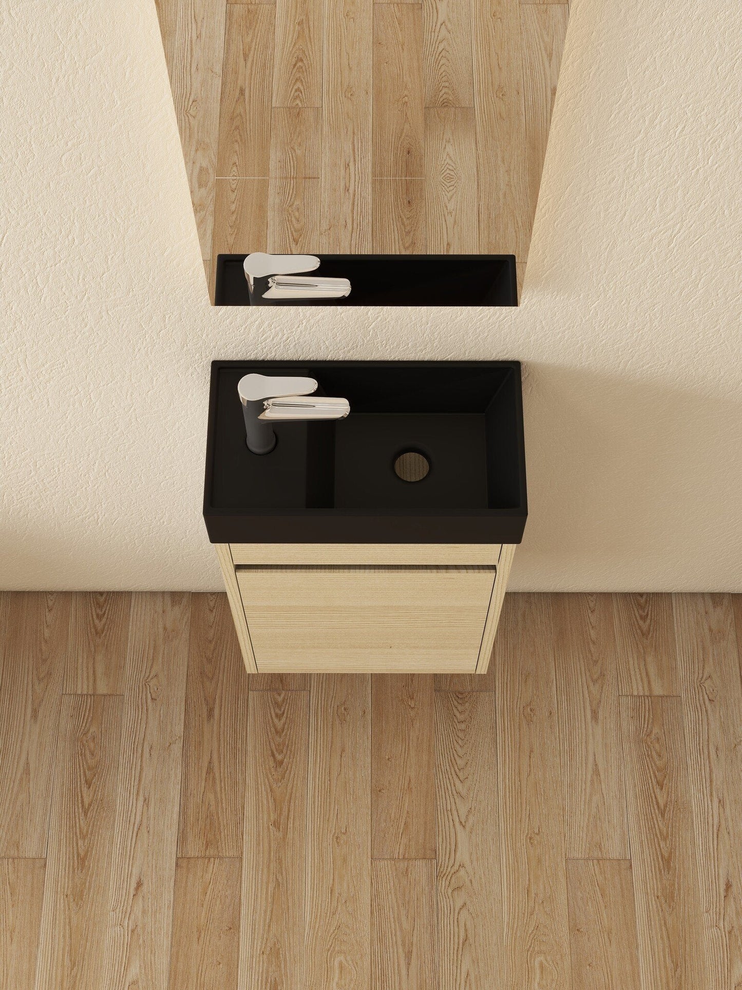Nurion Waschtischunterschrank Sam - Waschbecken Mattschwarz und Schrank aus hellem Holz - 41 x 22,5 x 65 cm