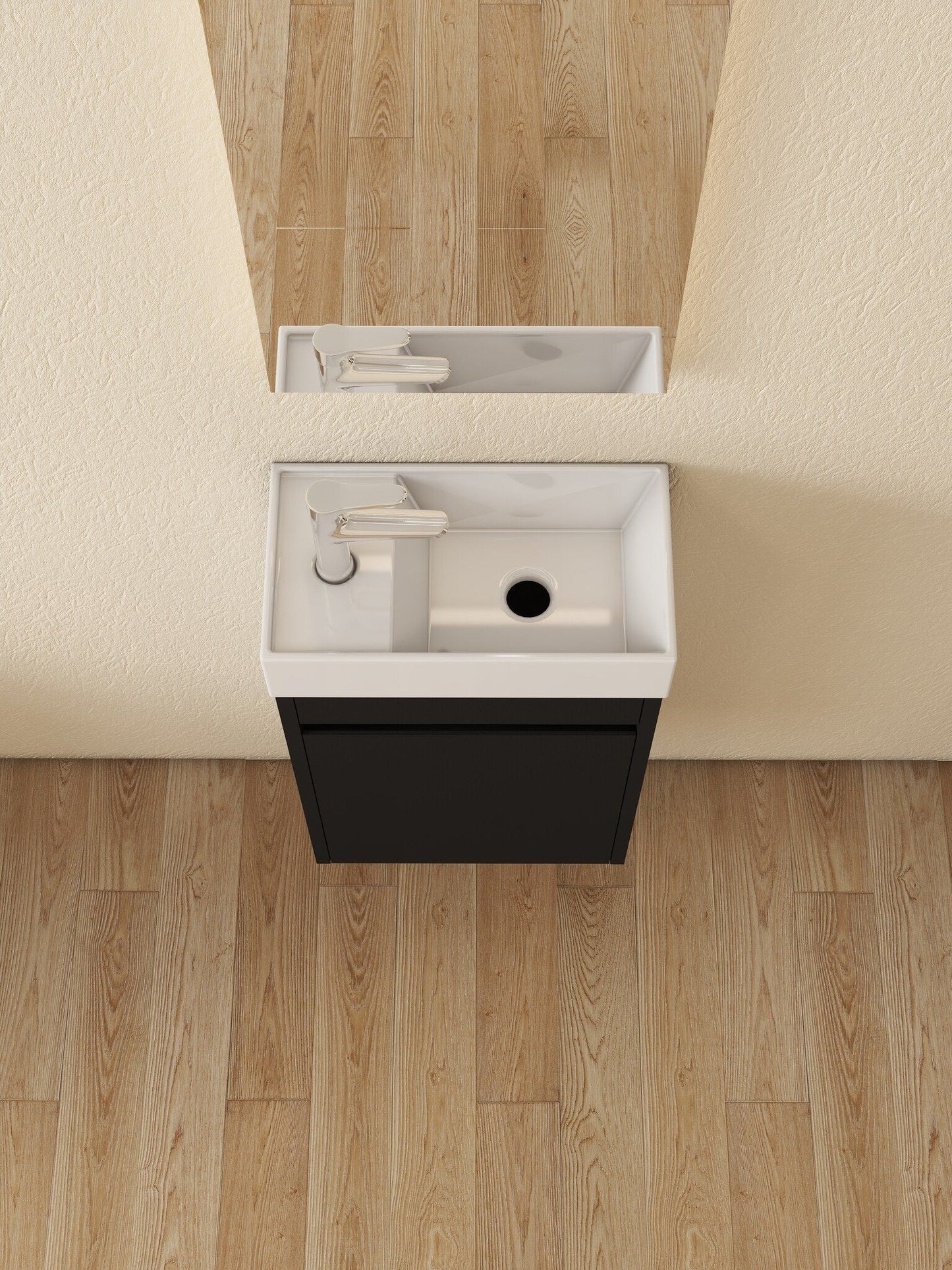 Waschtischunterschrank Nurion Tess - Waschbecken Glänzend Weiß und Schrank aus schwarzem Holz - 41 x 22,5 x 65 cm