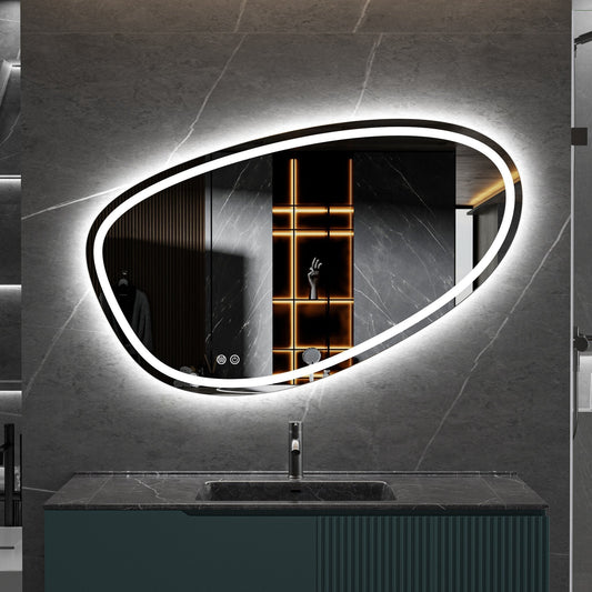 Asymmetrischer Spiegel mit eingebauter LED-Beleuchtung und Antibeschlag-Funktion, 120 cm breit und 75 cm hoch