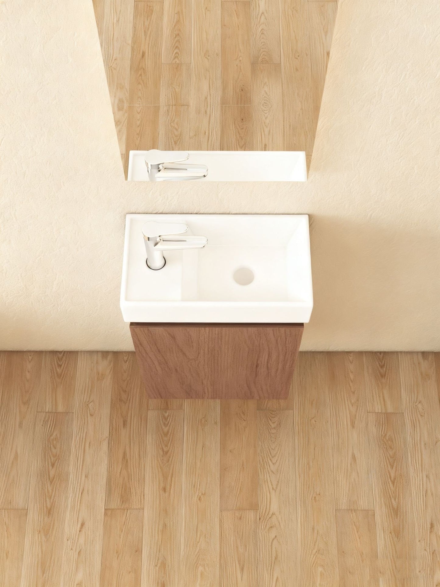 Waschtischunterschrank Nurion Finn - Waschbecken Glänzend Weiß und Möbel aus dunklem Holz - 41 x 22,5 x 65 cm