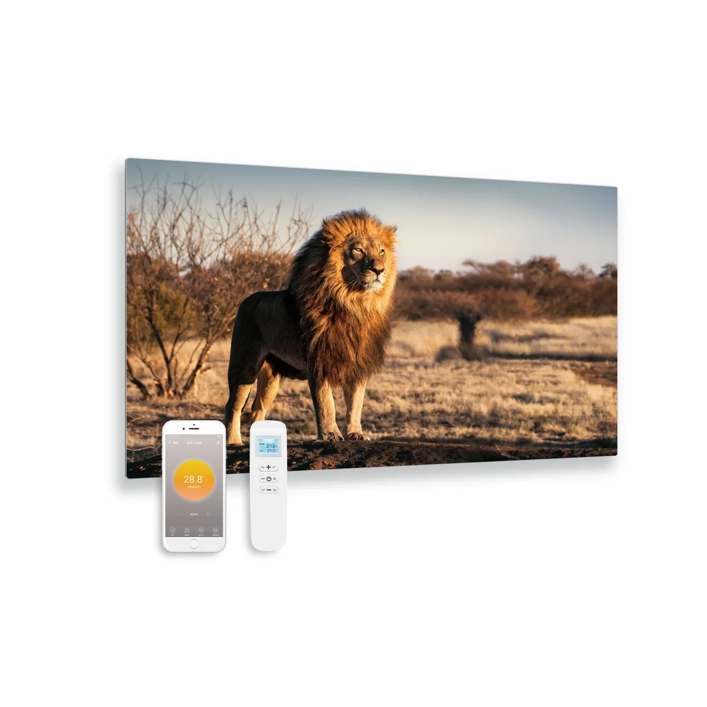 Bedrucktes Glas-Infrarotpaneel mit Wi-Fi und Fernbedienung Löwe 100x59 580 Watt