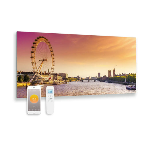 Bedrucktes Glas-Infrarotpaneel mit Wi-Fi und Fernbedienung London Eye 119x59 700 Watt