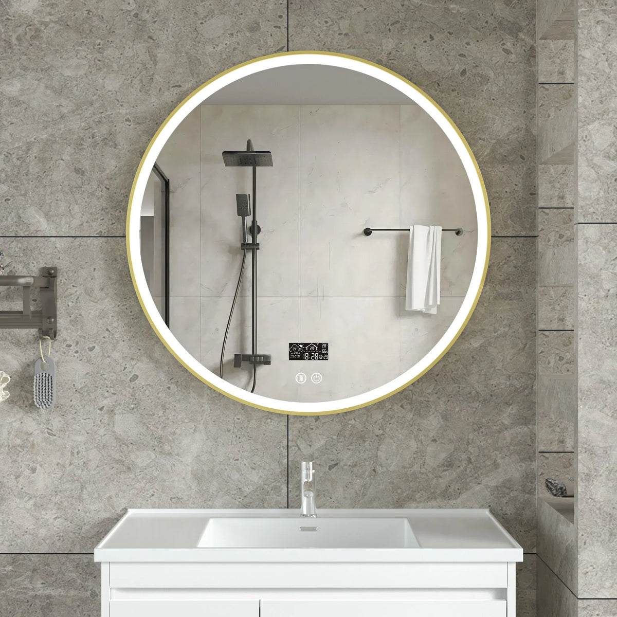 Intelligenter runder Spiegel 80 cm goldener Rahmen mit LED-Beleuchtung, Antibeschlag-Funktion und Wi-Fi