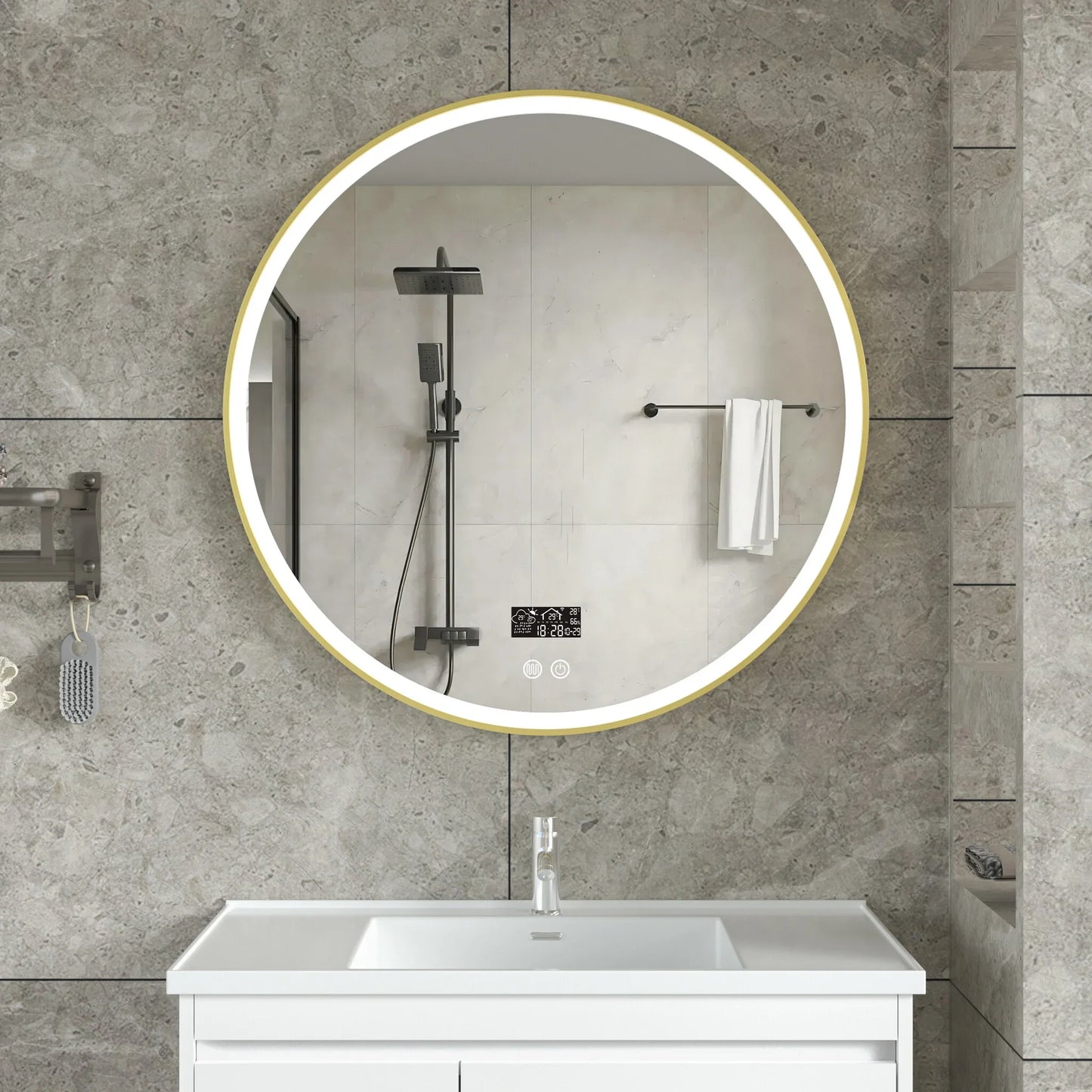 Intelligenter runder Spiegel 80 cm goldener Rahmen mit LED-Beleuchtung, Antibeschlag-Funktion und Wi-Fi