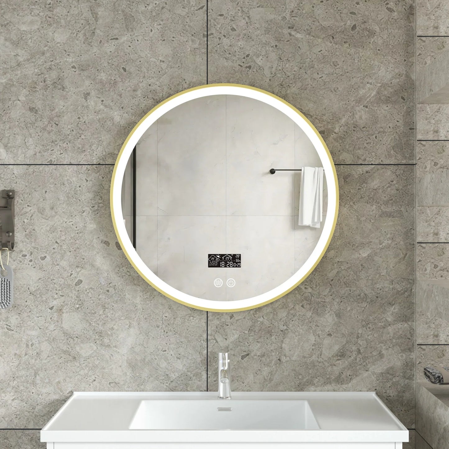 Intelligenter runder Spiegel 80 cm goldener Rahmen mit LED-Beleuchtung, Antibeschlag-Funktion und Wi-Fi