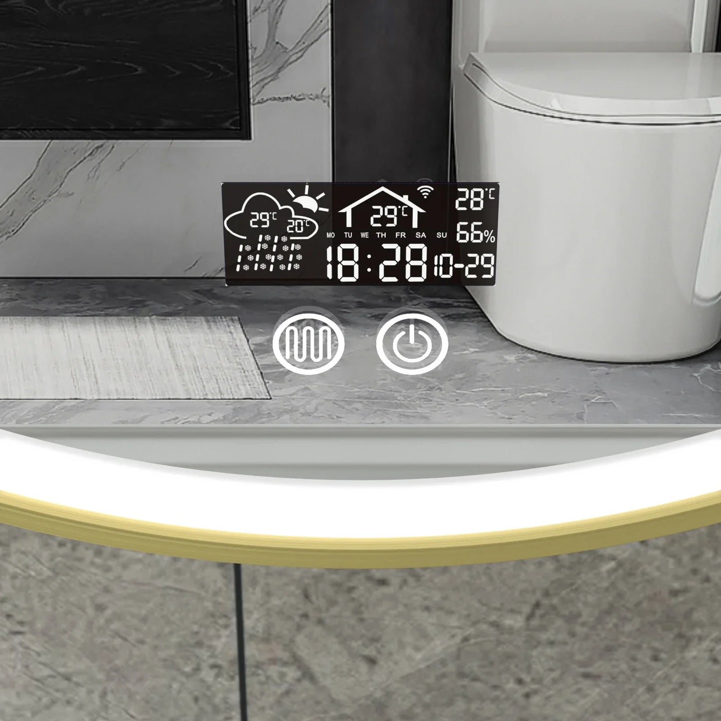 Intelligenter runder Spiegel 80 cm goldener Rahmen mit LED-Beleuchtung, Antibeschlag-Funktion und Wi-Fi