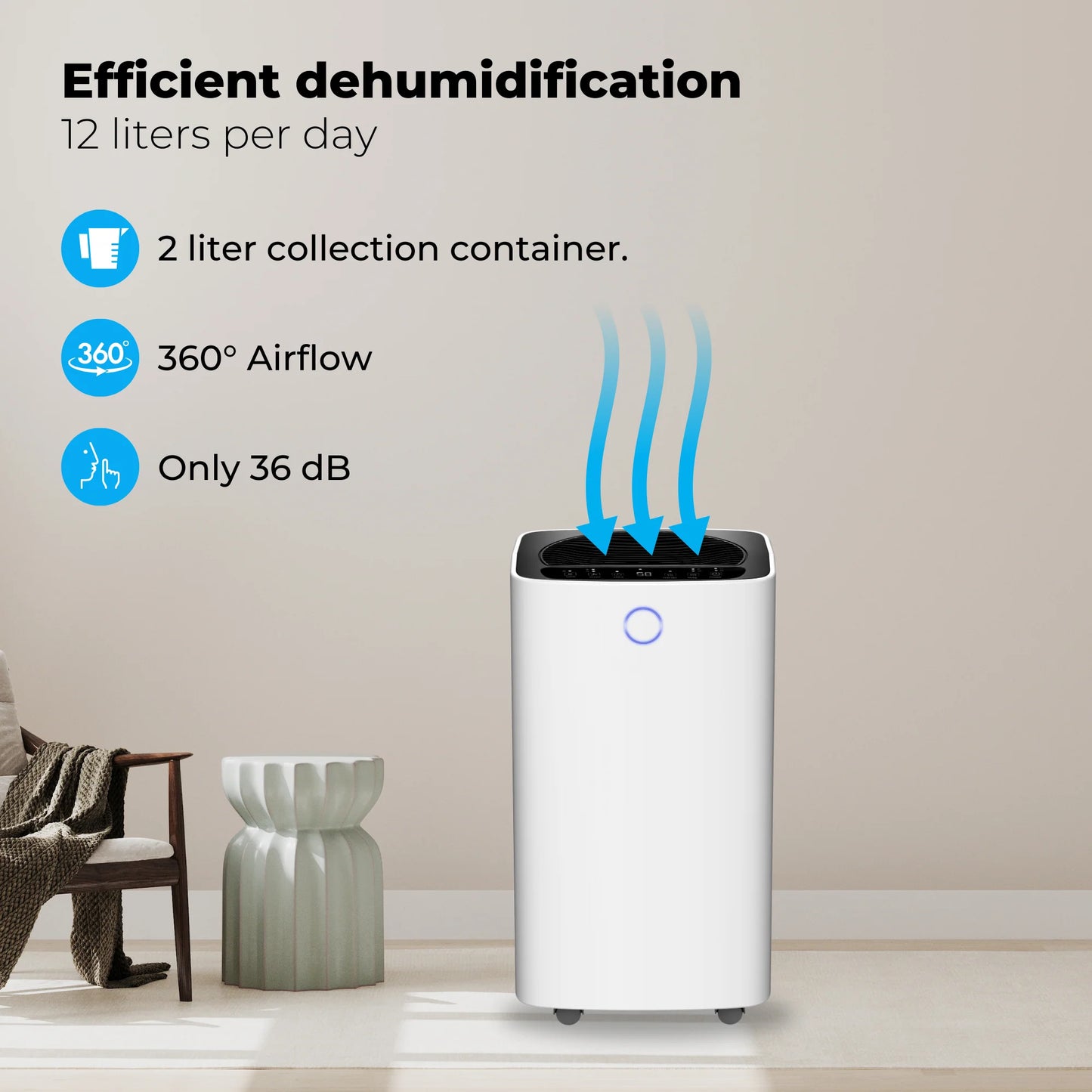 Intelligenter Luftentfeuchter kompakt 12 Liter WiFi mit Aktivkohlefilter