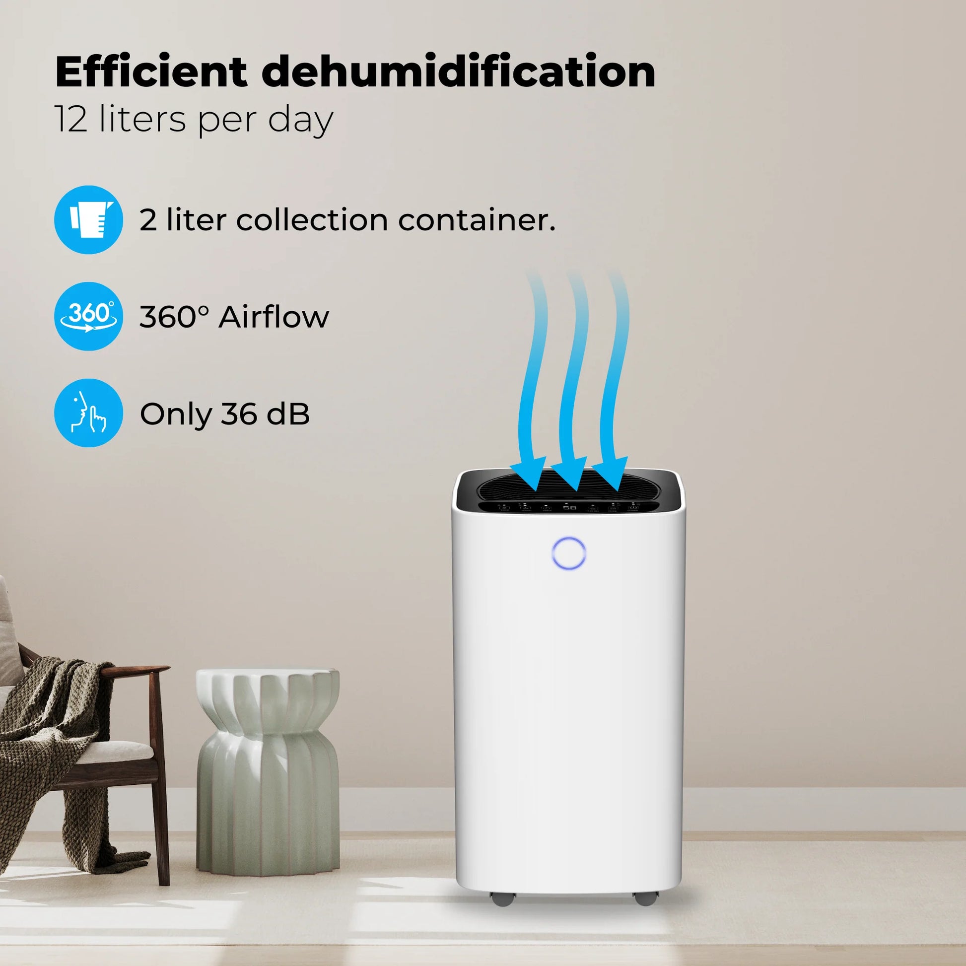 Intelligenter Luftentfeuchter kompakt 12 Liter WiFi mit Aktivkohlefilter