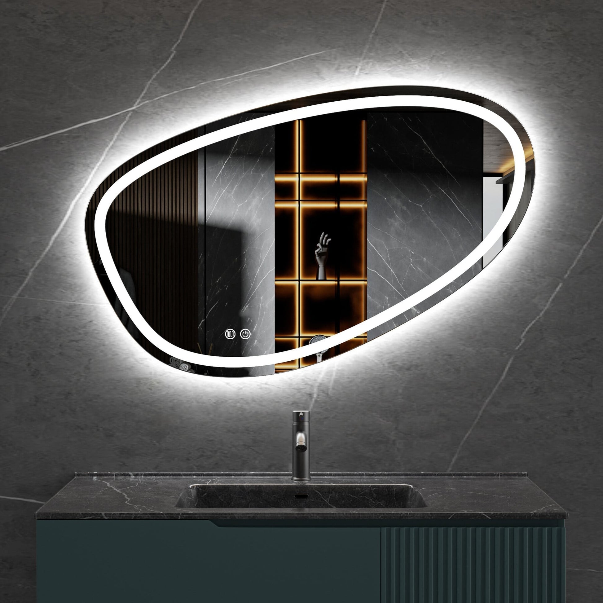 Zweite Wahl - Wandspiegel asymmetrisch, integrierte LED-Beleuchtung und Antibeschlag-Funktion, 100 cm breit und 65 cm hoch - Standard