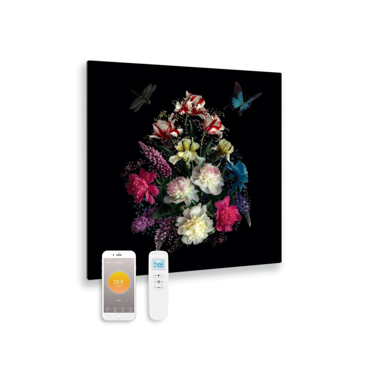 Zweite Wahl - Bedrucktes Glas-Infrarotpaneel mit WLAN und Fernbedienung, Blumenstrauß 79x59 450 Watt - Standard