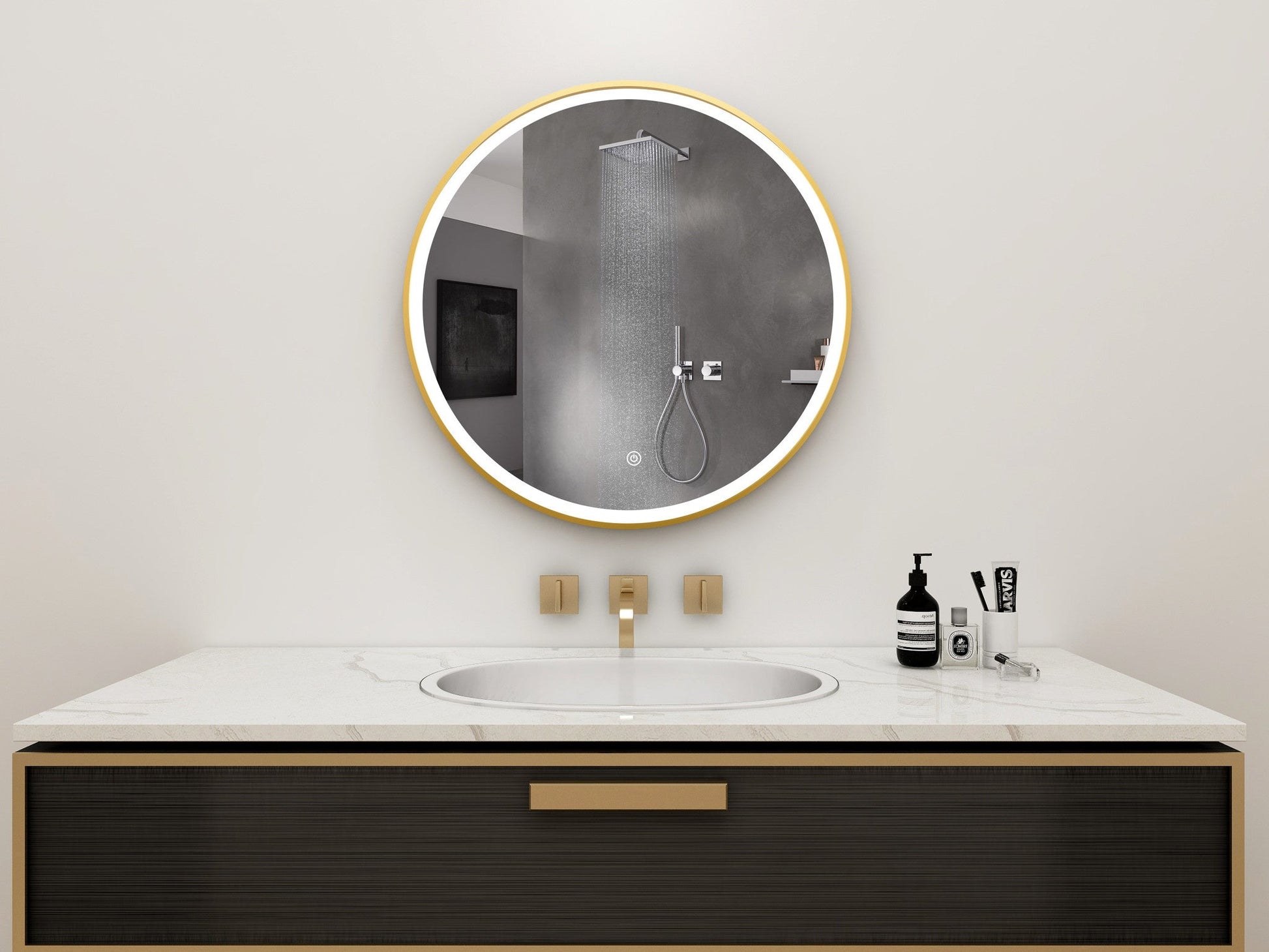 Zweite Wahl - Rundspiegel 80 cm mit goldenem Rahmen, LED-Beleuchtung und Antibeschlag-Funktion - Standard