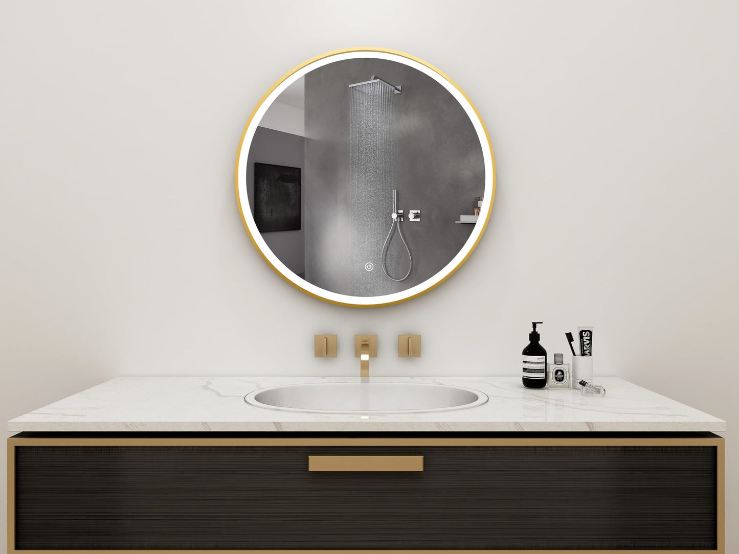 Zweite Wahl - Rundspiegel 80 cm mit goldenem Rahmen, LED-Beleuchtung und Antibeschlag-Funktion - Standard
