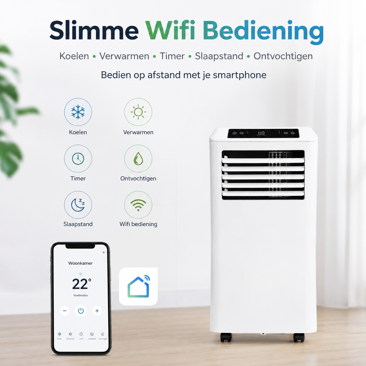 Mobile Klimaanlage WiFi, Entfeuchten und Belüften, mit Fensterabdichtung und Luftreiniger, 9.000 BTU