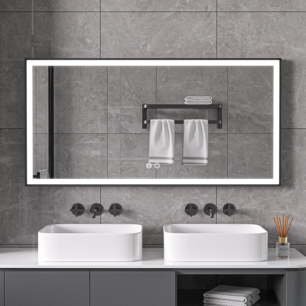 Zweite Chance - Spiegel mit schwarzem Rahmen, LED, Antibeschlag 75 x 125 cm - Standard