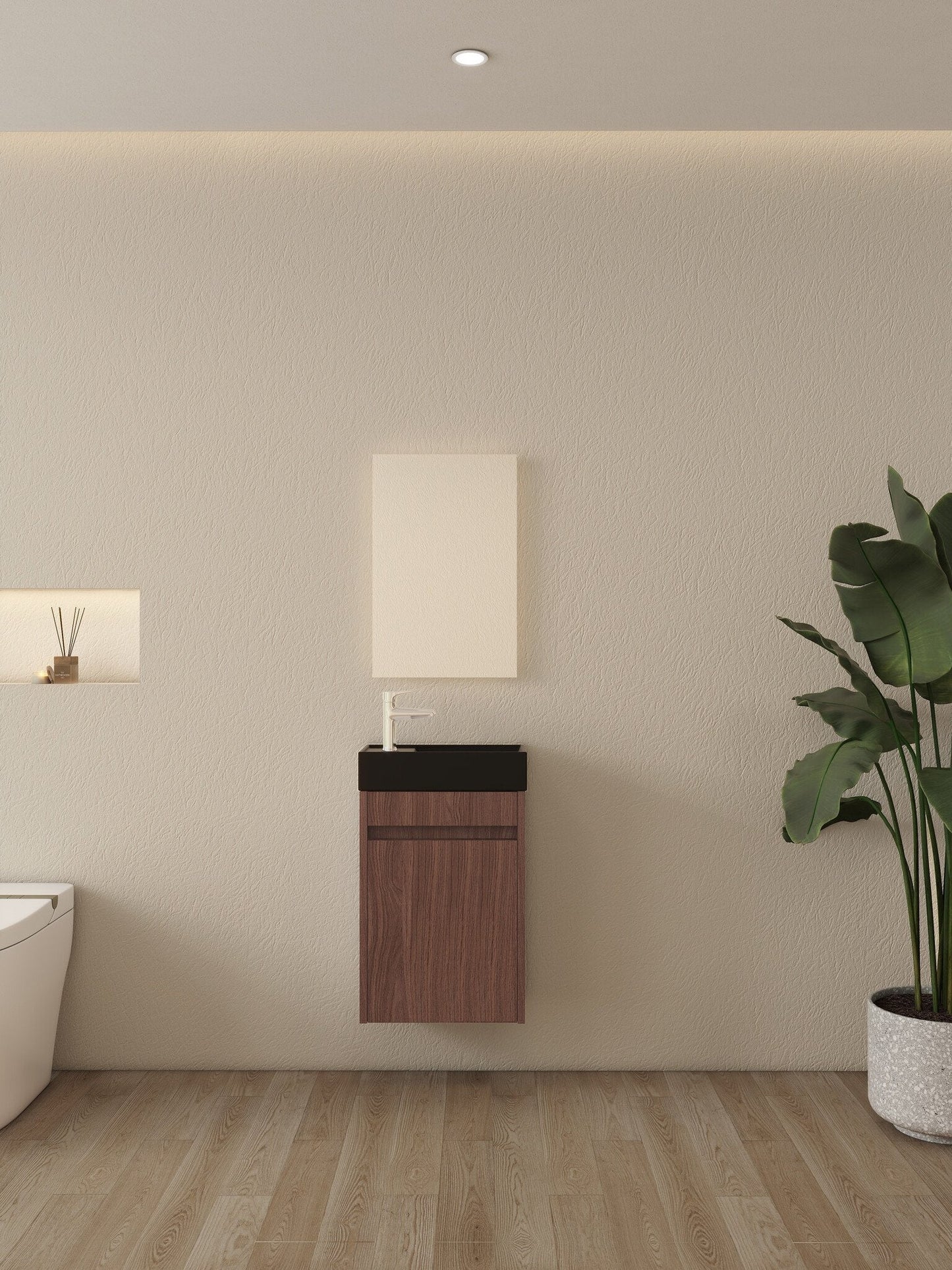 Nurion Waschtischunterschrank Emma - Waschbecken Mattschwarz und Möbel Nussbaum - 41 x 22,5 x 65 cm