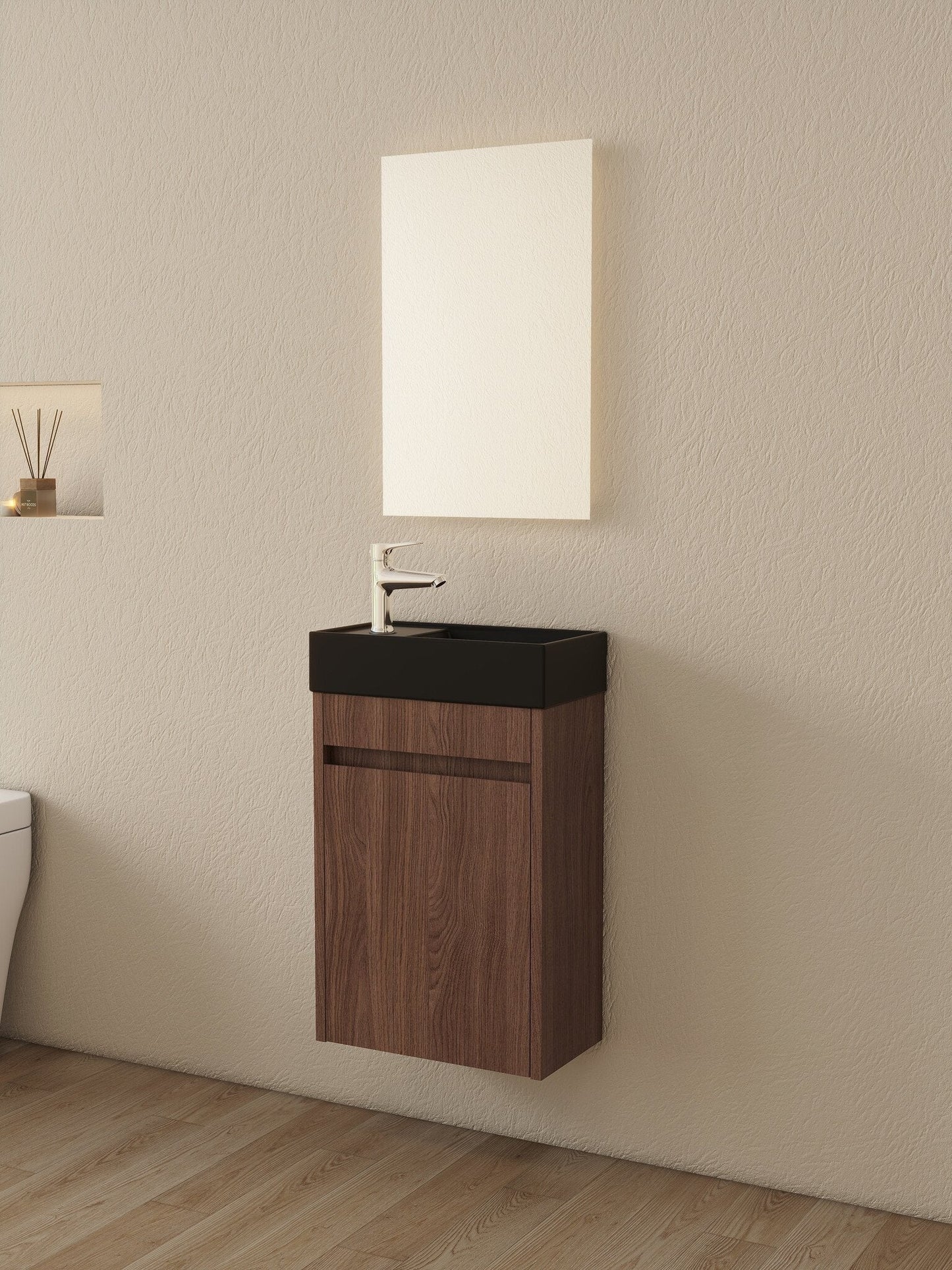 Nurion Waschtischunterschrank Emma - Waschbecken Mattschwarz und Möbel Nussbaum - 41 x 22,5 x 65 cm