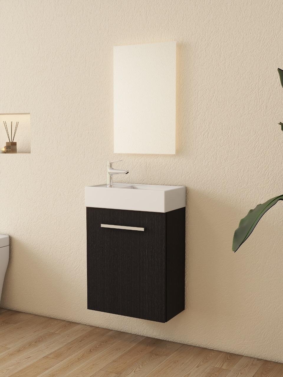 Nurion Waschtischunterschrank Max - Waschbecken Glänzend Weiß und Schrank aus schwarzem Holz - 45 x 25 x 72 cm