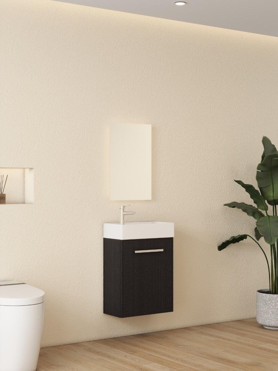 Nurion Waschtischunterschrank Max - Waschbecken Glänzend Weiß und Schrank aus schwarzem Holz - 45 x 25 x 72 cm