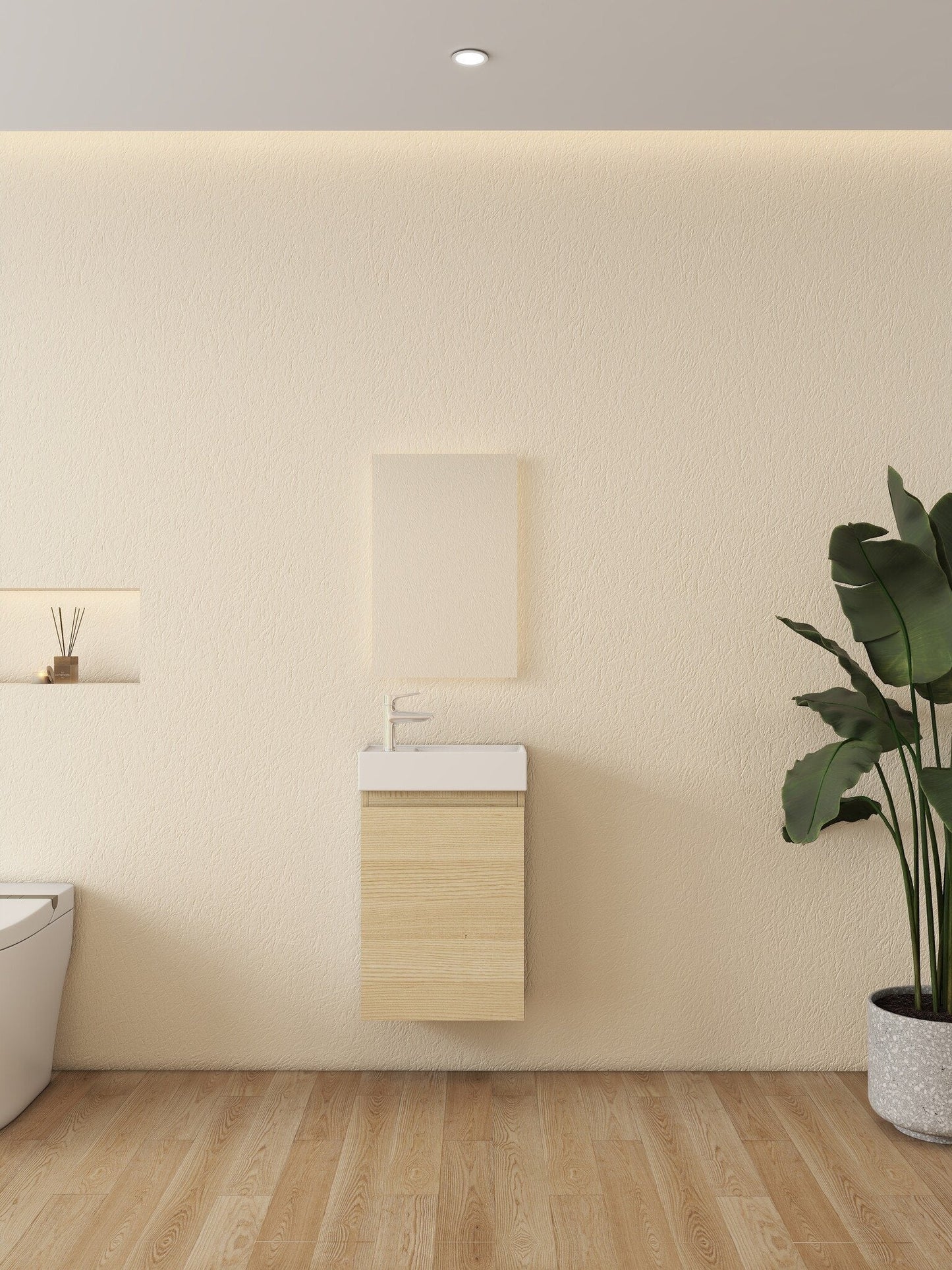 Nurion Badmöbel Mees - Waschbecken Glänzend Weiß und Schrank aus hellem Holz - 41 x 22,5 x 65 cm