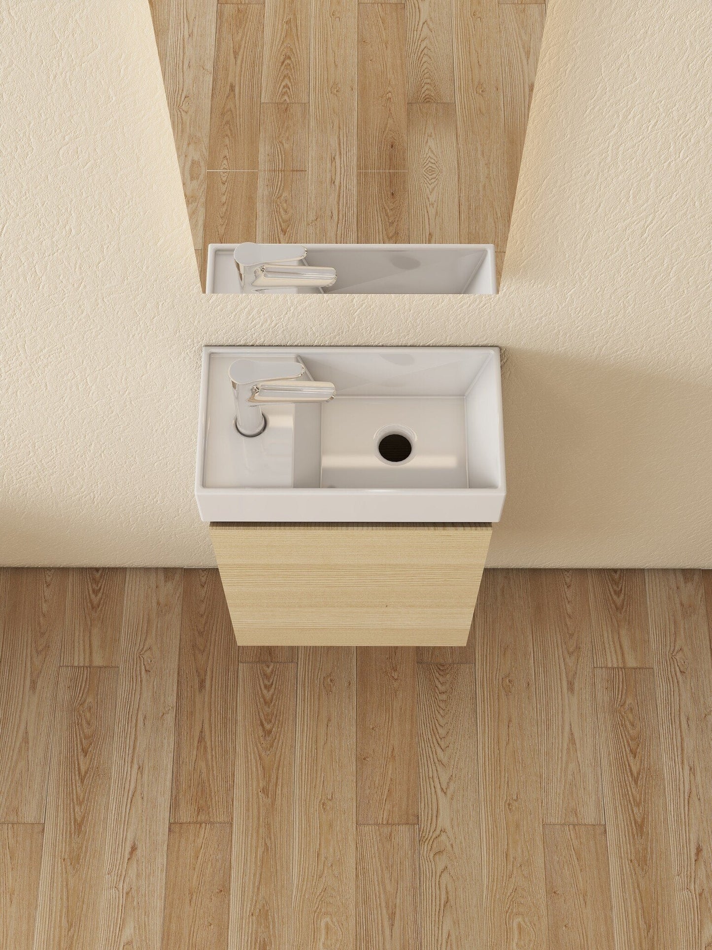 Nurion Badmöbel Mees - Waschbecken Glänzend Weiß und Schrank aus hellem Holz - 41 x 22,5 x 65 cm