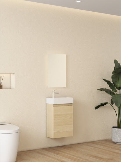 Nurion Badmöbel Mees - Waschbecken Glänzend Weiß und Schrank aus hellem Holz - 41 x 22,5 x 65 cm
