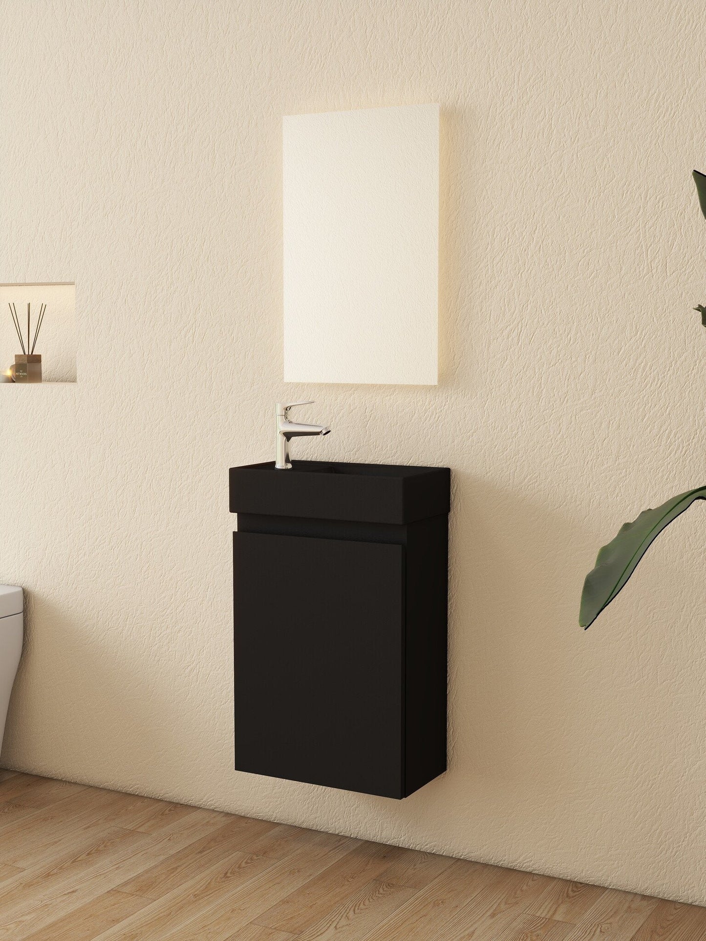 Nurion Waschtischunterschrank Milan - Waschbecken Mattschwarz und Möbel aus schwarzem Holz - 41 x 22,5 x 65 cm