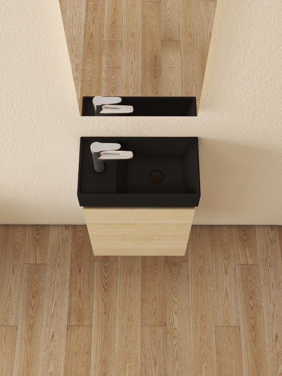 Nurion Waschtischunterschrank Nora - Waschbecken Mattschwarz und Schrank aus hellem Holz - 41 x 22,5 x 65 cm