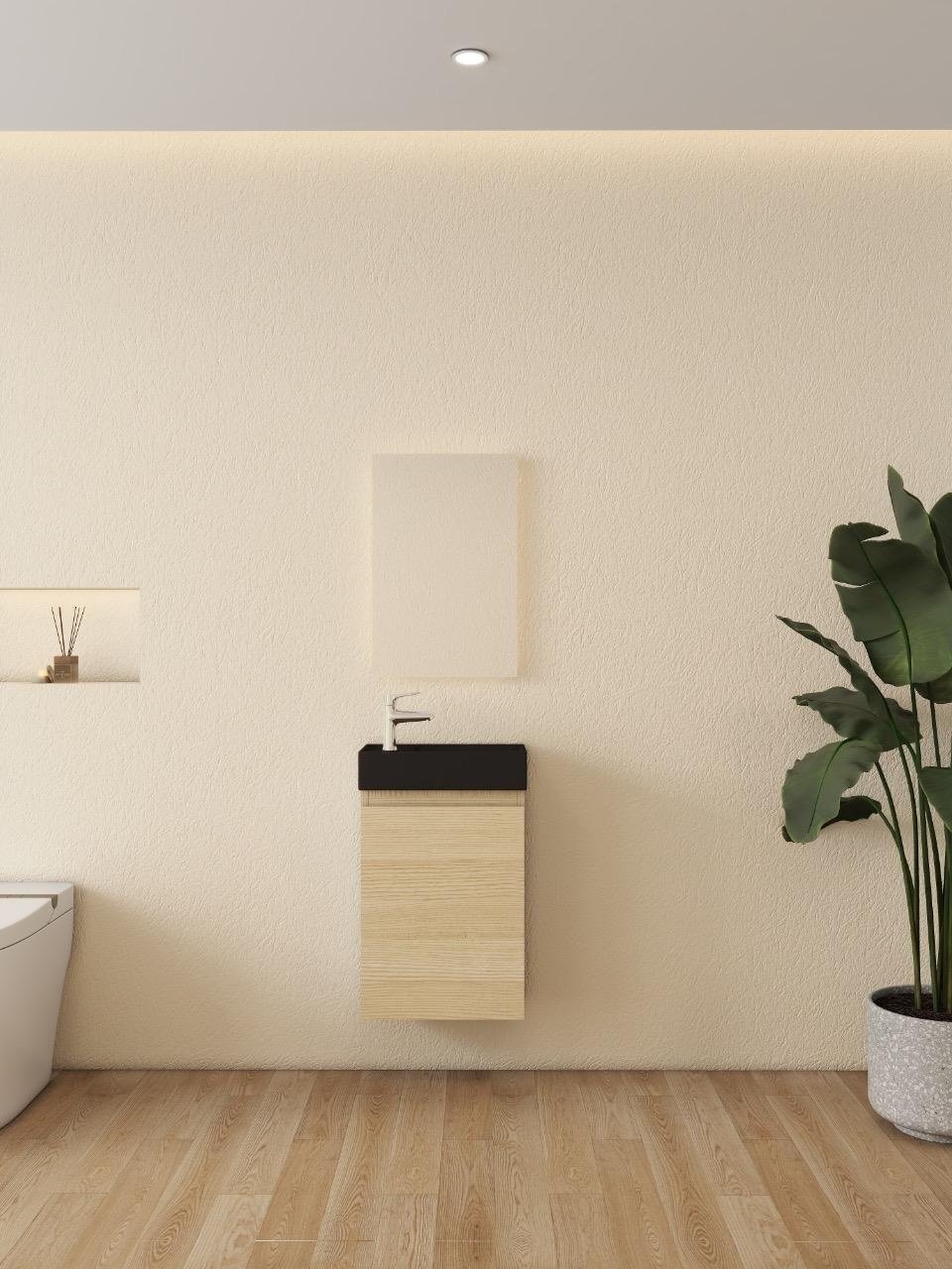 Nurion Waschtischunterschrank Nora - Waschbecken Mattschwarz und Schrank aus hellem Holz - 41 x 22,5 x 65 cm