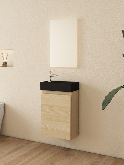 Nurion Waschtischunterschrank Nora - Waschbecken Mattschwarz und Schrank aus hellem Holz - 41 x 22,5 x 65 cm