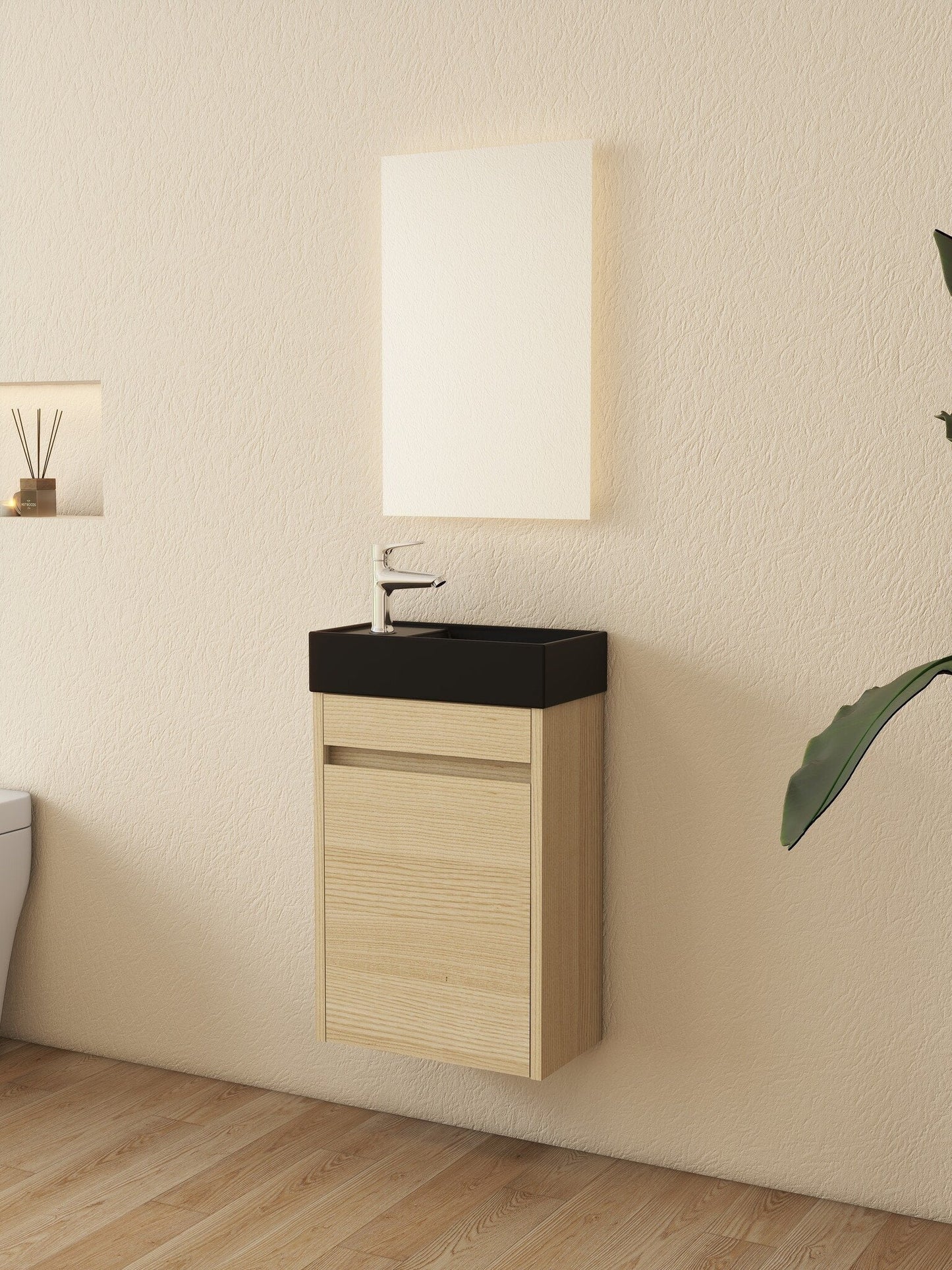 Nurion Waschtischunterschrank Sam - Waschbecken Mattschwarz und Schrank aus hellem Holz - 41 x 22,5 x 65 cm