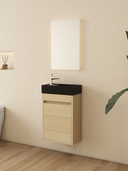 Nurion Waschtischunterschrank Sam - Waschbecken Mattschwarz und Schrank aus hellem Holz - 41 x 22,5 x 65 cm