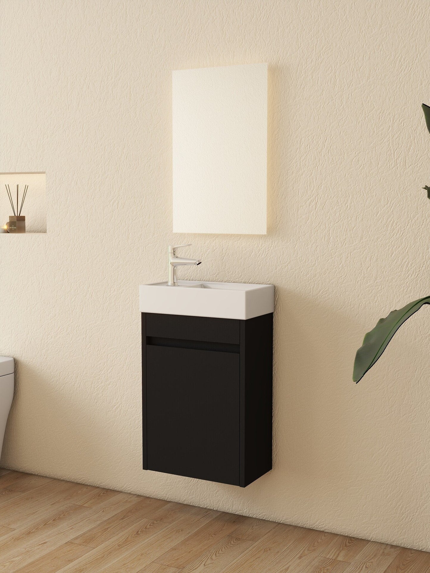 Waschtischunterschrank Nurion Tess - Waschbecken Glänzend Weiß und Schrank aus schwarzem Holz - 41 x 22,5 x 65 cm