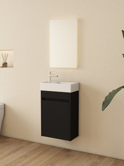 Waschtischunterschrank Nurion Tess - Waschbecken Glänzend Weiß und Schrank aus schwarzem Holz - 41 x 22,5 x 65 cm