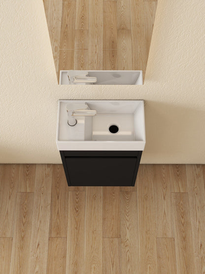 Waschtischunterschrank Nurion Tess - Waschbecken Glänzend Weiß und Schrank aus schwarzem Holz - 41 x 22,5 x 65 cm