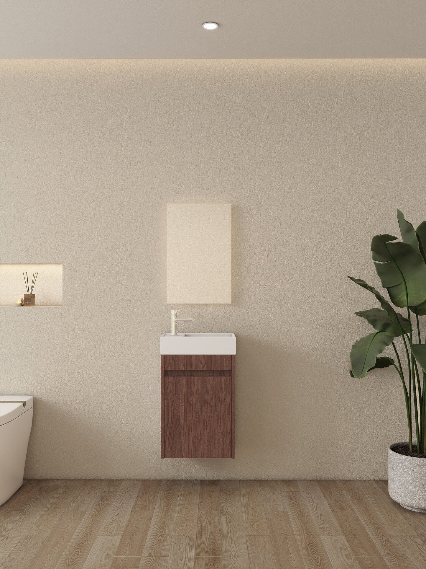 Nurion Waschtischunterschrank Vince - Waschbecken Glänzend Weiß und Schrank aus dunklem Holz - 41 x 22,5 x 65 cm