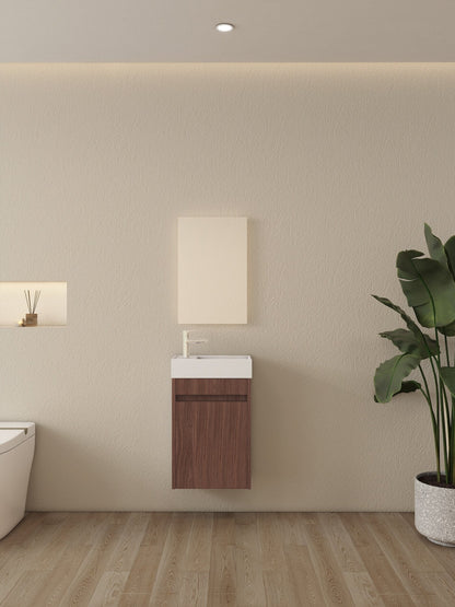 Nurion Waschtischunterschrank Vince - Waschbecken Glänzend Weiß und Schrank aus dunklem Holz - 41 x 22,5 x 65 cm
