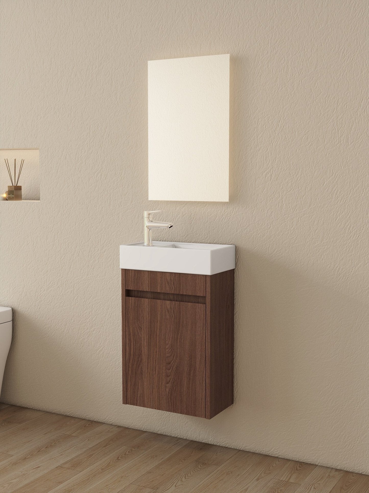 Nurion Waschtischunterschrank Vince - Waschbecken Glänzend Weiß und Schrank aus dunklem Holz - 41 x 22,5 x 65 cm