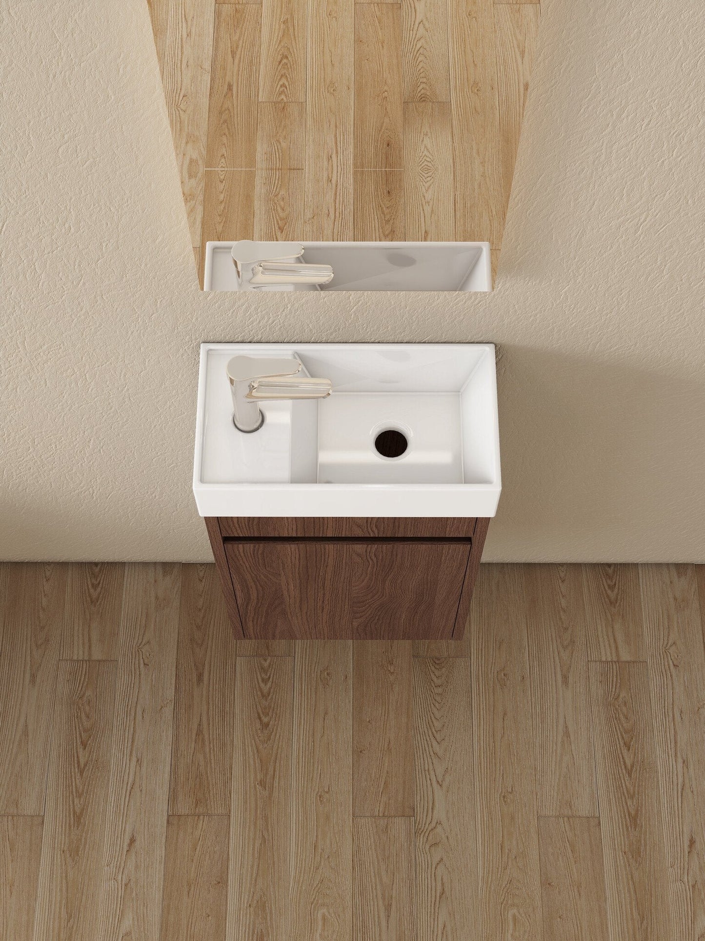 Nurion Waschtischunterschrank Vince - Waschbecken Glänzend Weiß und Schrank aus dunklem Holz - 41 x 22,5 x 65 cm