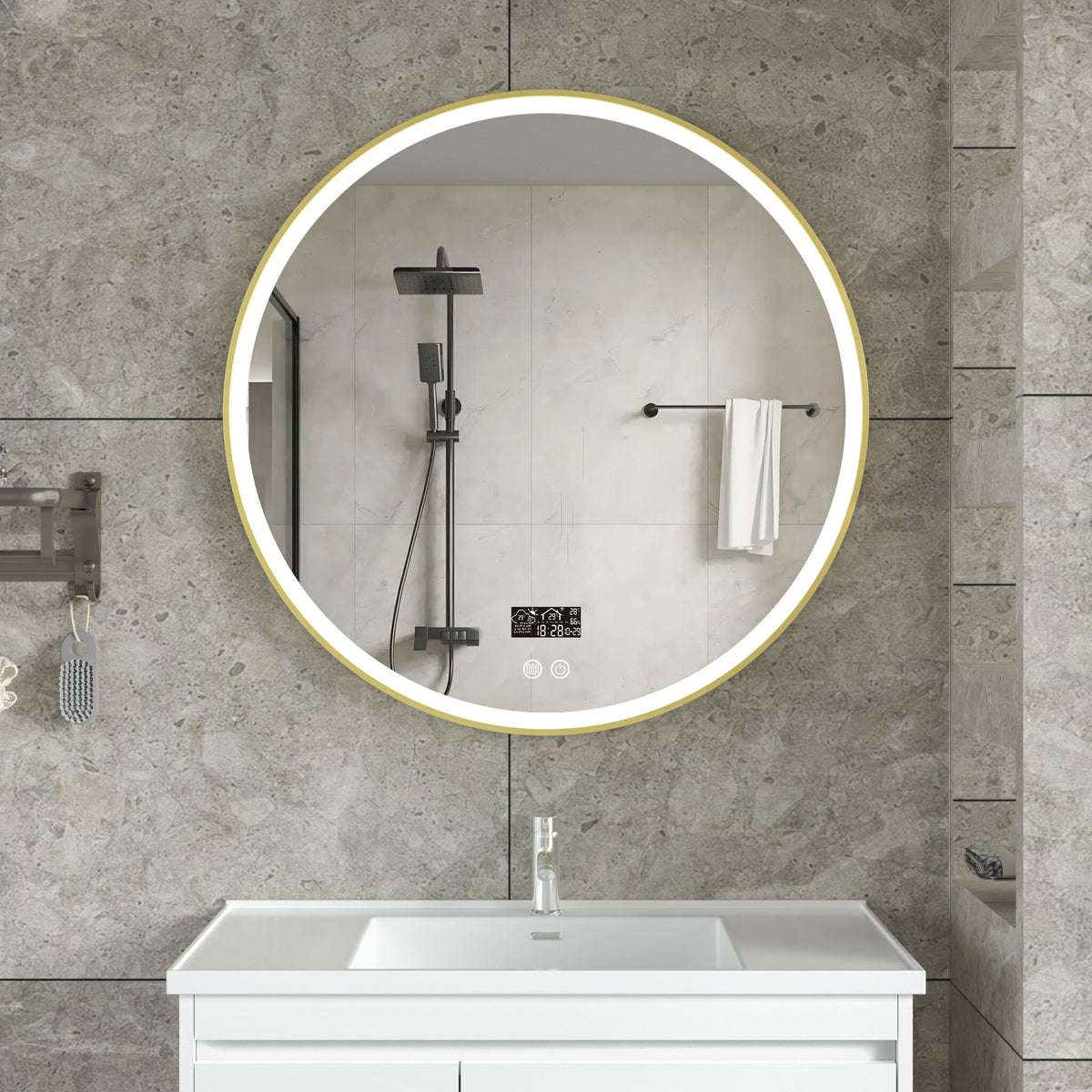 Smart-Spiegel rund 80 cm goldener Rahmen mit LED-Beleuchtung, Anti-Beschlag und WLAN