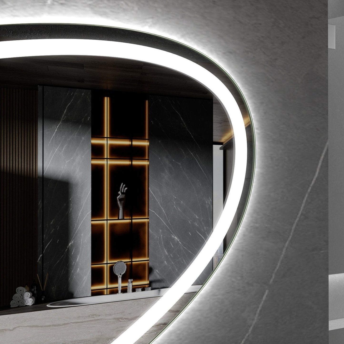 Asymmetrischer Spiegel mit eingebauter LED-Beleuchtung und Antibeschlag-Funktion, 90 cm breit und 60 cm hoch
