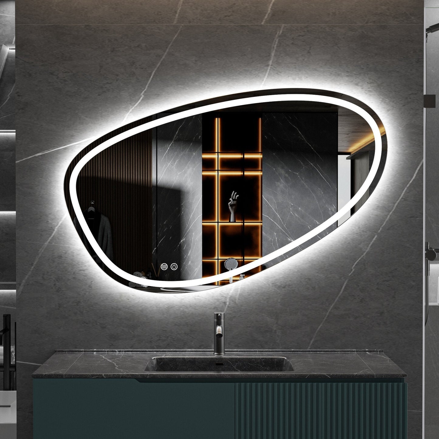Asymmetrischer Spiegel mit eingebauter LED-Beleuchtung und Antibeschlag-Funktion, 120 cm breit und 75 cm hoch