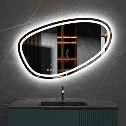 Asymmetrischer Spiegel mit eingebauter LED-Beleuchtung und Antibeschlag-Funktion, 100 cm breit und 65 cm hoch