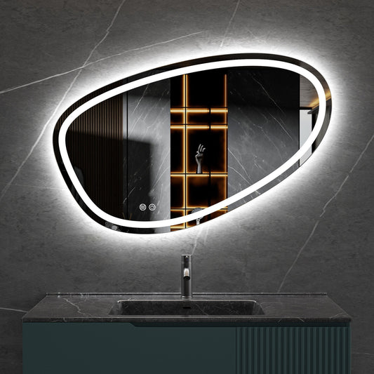 Asymmetrischer Spiegel mit eingebauter LED-Beleuchtung und Antibeschlag-Funktion, 100 cm breit und 65 cm hoch