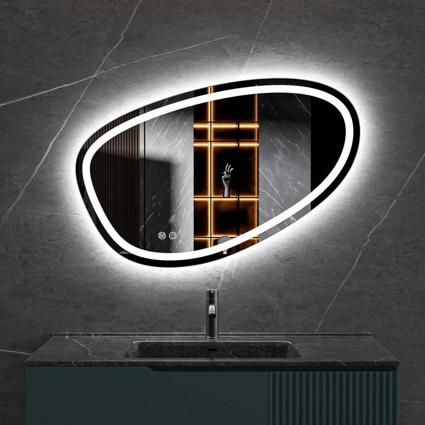 Asymmetrischer Spiegel mit eingebauter LED-Beleuchtung und Antibeschlag-Funktion, 90 cm breit und 60 cm hoch