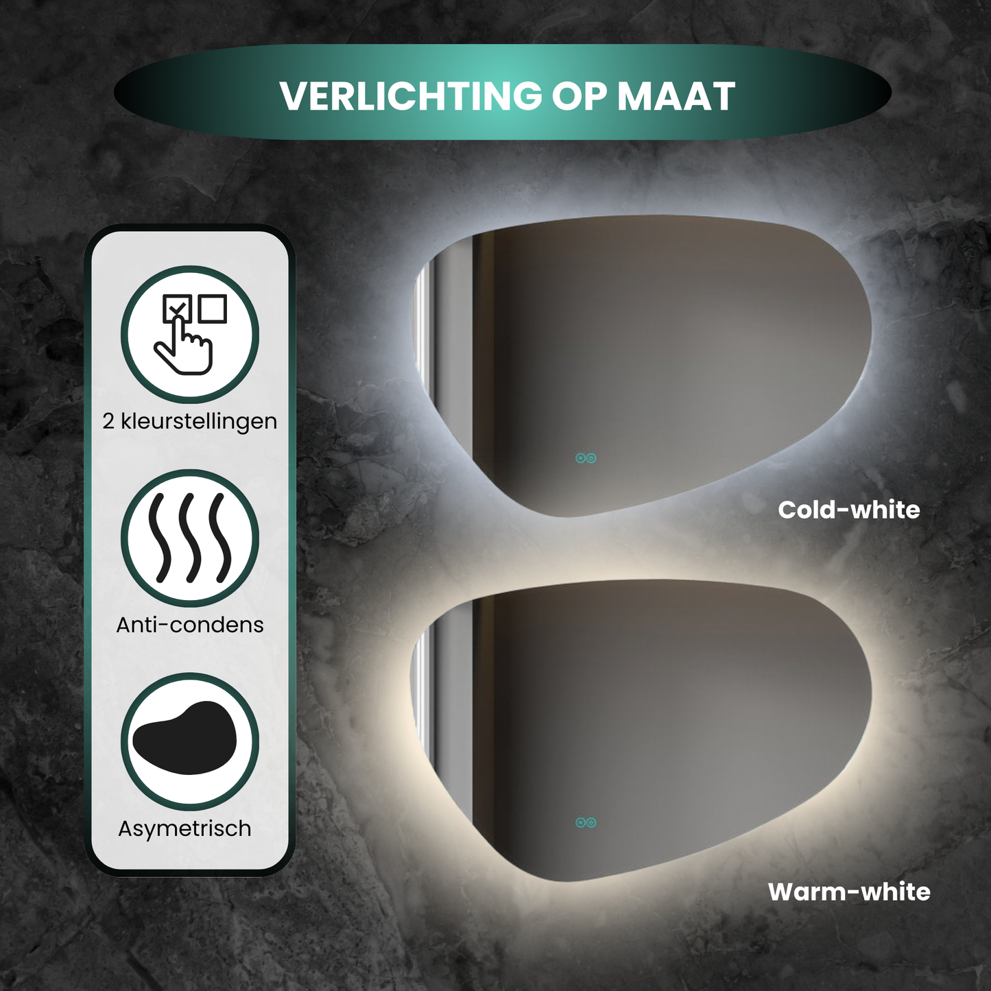 Asymmetrischer, organisch geformter Spiegel mit LED-Beleuchtung und Antibeschlag-Funktion, 100 cm breit und 65 cm hoch