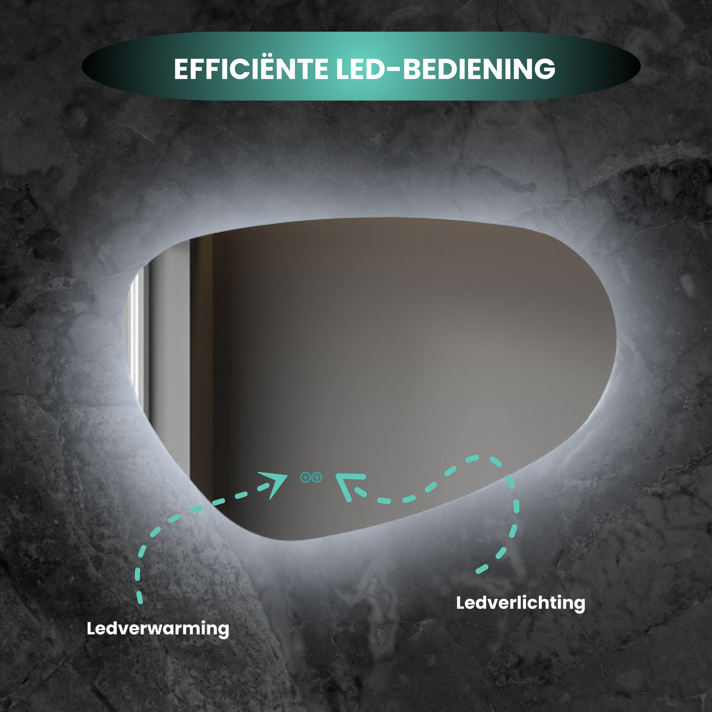 Asymmetrischer, organisch geformter Spiegel mit LED-Beleuchtung und Antibeschlag-Funktion, 100 cm breit und 65 cm hoch