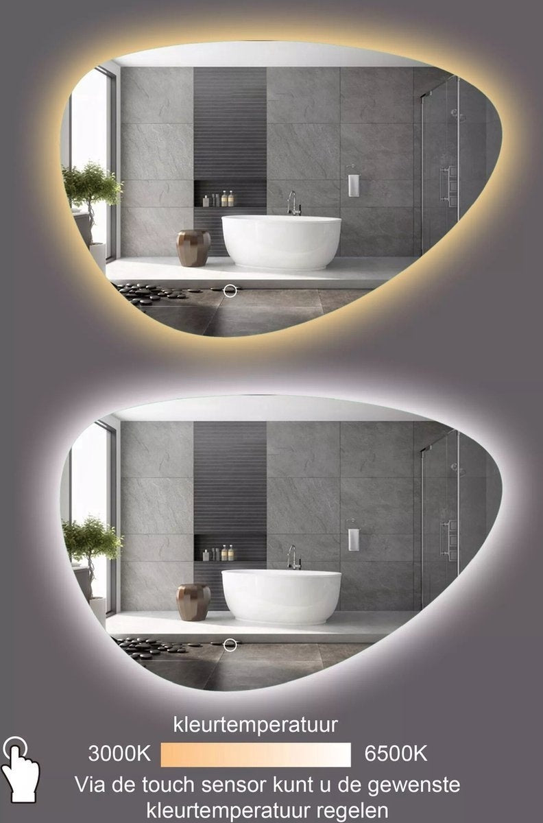 Asymmetrischer, organisch geformter Spiegel mit LED-Beleuchtung und Antibeschlag-Funktion — 120 cm breit, 75 cm hoch