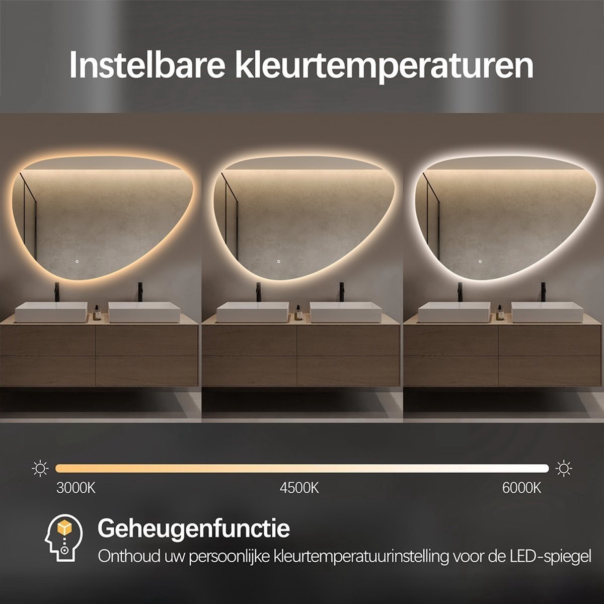 Asymmetrischer, organisch geformter Spiegel, LED-Beleuchtung und Antibeschlag-Funktion, 90 cm breit und 60 cm hoch