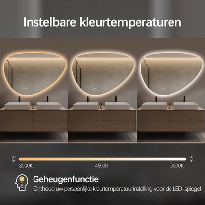 Asymmetrischer, organisch geformter Spiegel, LED-Beleuchtung und Antibeschlag-Funktion, 90 cm breit und 60 cm hoch